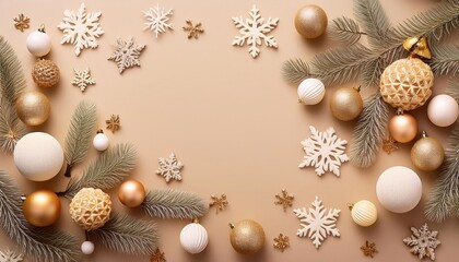 Christmas tree decorations and snowflakes on beige background with space for text, christmas and new year concept