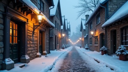 Obraz premium Generative AI, a street with a few buildings and lights on it in the snow covered streets of a city with a few buildings and lights on the street, grim yet sparkling atmosphere, a matte painting, bar 