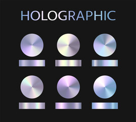 Holographic, rainbow and golden foil texture background set. Vector graphic conical iridescent neon patterns. Gold hologram metalic round gradient collection
