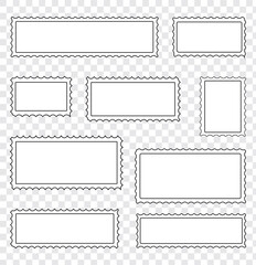 Set of postage stamps. Post stamp frame and border. Grey square and rectangular template for mail, postcard, letter. Jagged wavy edge forms. Vintage objects for poster, banner, badge, sticker. Vector