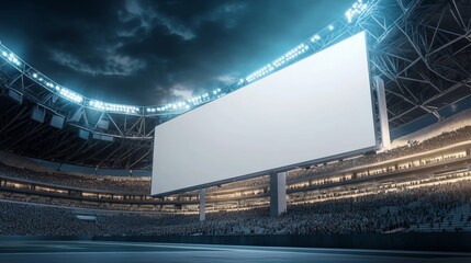 Empty Large White Billboard in Stadium at Night