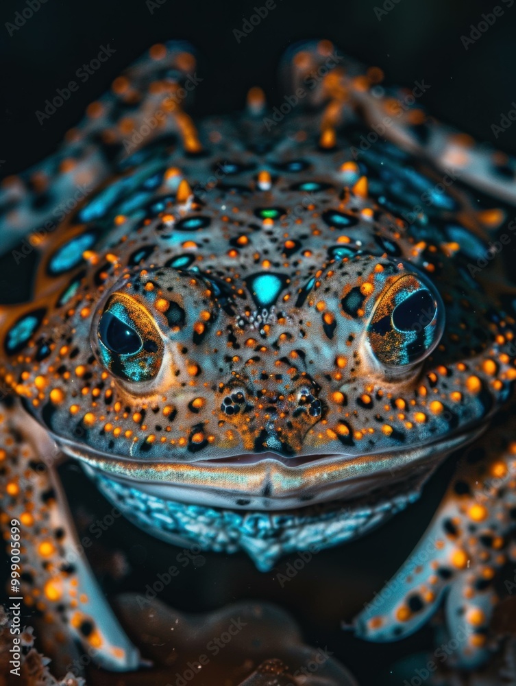 Poster a close-up of a colorful frog with a unique pattern. ai.