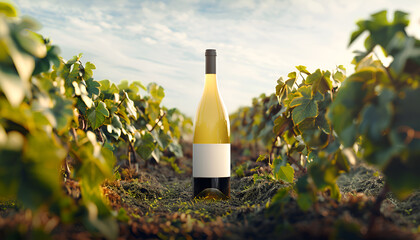 White wine bottle mock-up set in a vineyard landscape, highlighting the connection between wine and its natural origins