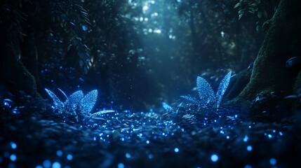 Bioluminescent Plants in a Dark Forest