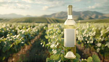 White wine bottle mock-up set in a vineyard landscape, highlighting the connection between wine and its natural origins