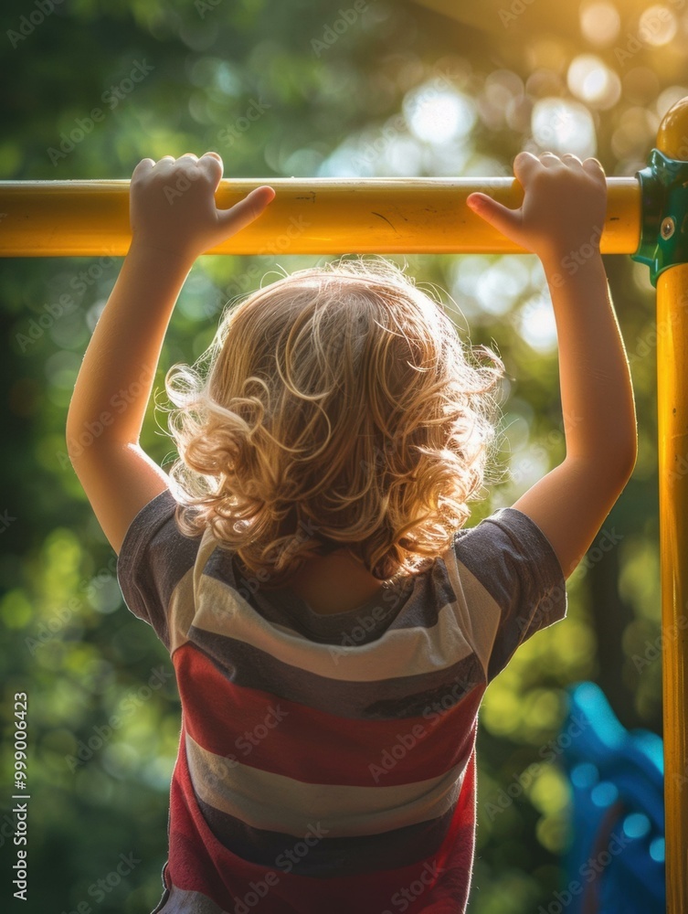 Poster a child hangs from a horizontal bar on a playground. ai.