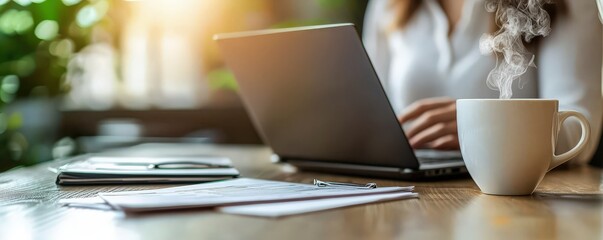 Woman Working on Laptop with Coffee Cup in Cafe