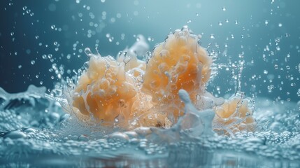 Water droplets splashing around a soft object. AI.