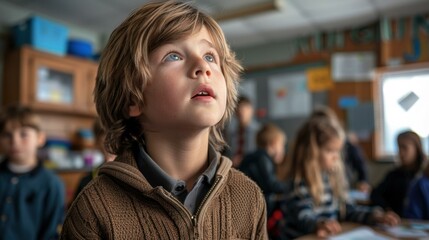 A young boy looks up, eager to learn in a classroom setting. AI.