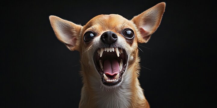 Angry Chihuahua with bared teeth on a dark background, expressing aggression and fear, ideal for animal behavior, pet training, and emotional expression themes