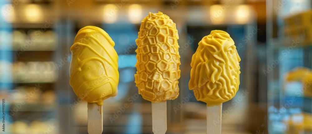 Poster three yellow popsicles with different patterns. ai.