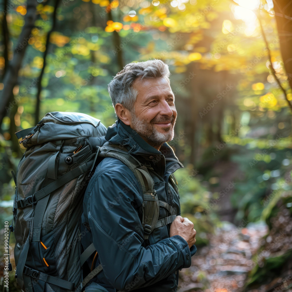 Sticker Man smiles while hiking through the forest. AI.