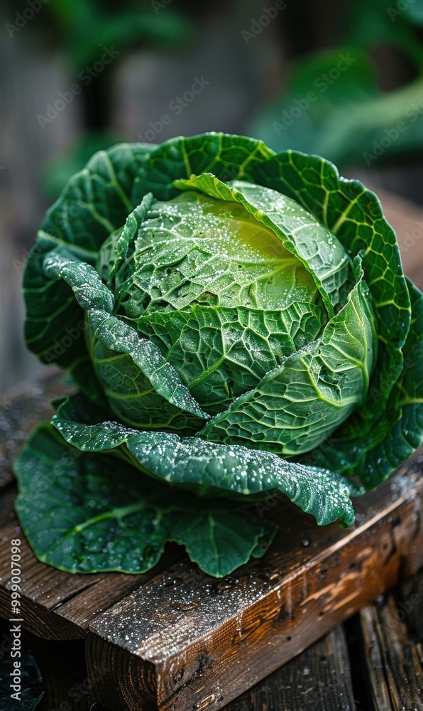 Sticker A fresh head of cabbage with dew drops. AI.