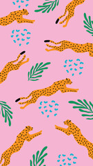 an artistic pattern of orange leopards with black spots on a pink background, accompanied by green leaves and small abstract shapes, creating a vibrant and energetic design.