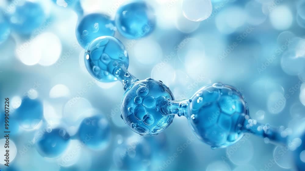 Poster molecular structures with bubbles on blue background. concept of technology and science. 3d medical 