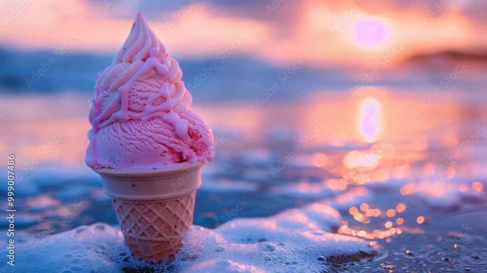 Sticker A pink ice cream cone on the beach at sunset. AI.