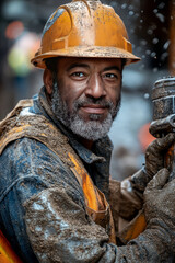 Male construction worker using a jackhammer on construction site