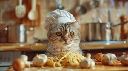 A cat in a chef's hat looks intently at some pasta. AI.