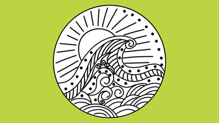 Fototapeta premium Black and white abstract wave pattern with a sunbeam in a circular design on a lime green background, representing nature, fluid dynamics, and creativity.