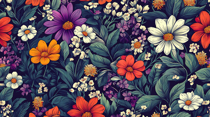 A vibrant, colorful floral pattern featuring a variety of blooms.