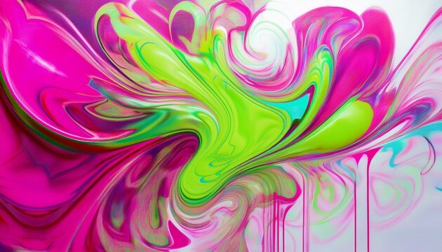 neon pink,.neon green paint creates an abstract shape on a white canvas with a graffiti spray