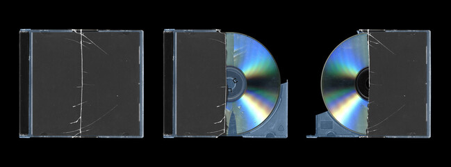 set of three cracked mockup of old music CD disc jewel case with black cover layout for photo and artworks, in black background, y2k style