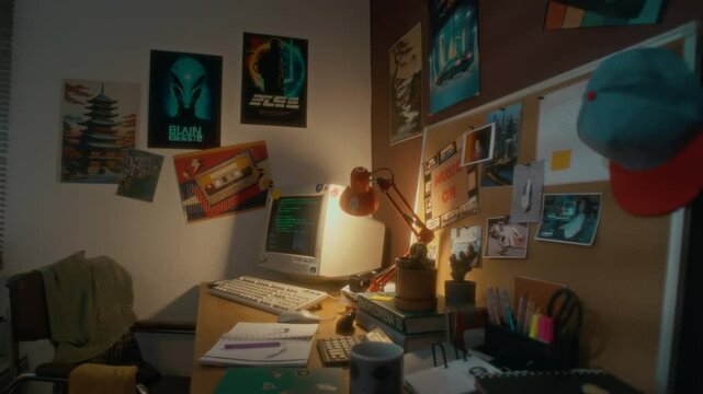 No people shot of teenagers workspace in bedroom, decorated with multiple bright posters and photos on walls, old retro computer with green code on screen, notebooks and lamp on desk