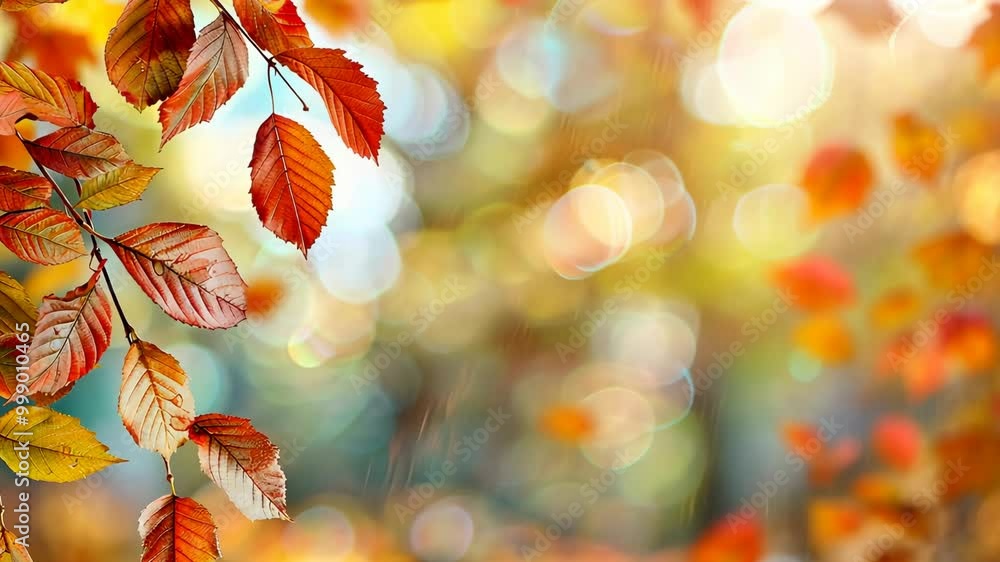 Poster red and yellow leaves hang from a branch in the forest, creating a warm and inviting autumnal scene