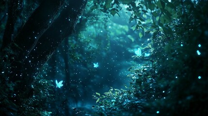 Fototapeta premium Glowing Butterflies and Fireflies in a Dark Forest