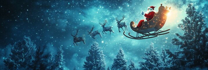 Enchanting scene of santa claus soaring through the night sky in his sleigh with reindeer