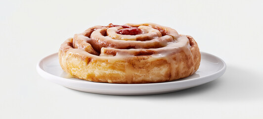 A cinnamon roll with glaze on top placed in the center of an all-white plate against a white background
