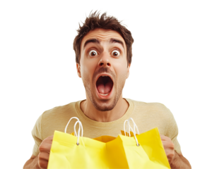 Excited man holding shopping bags with a surprised expression, showcasing his enthusiasm for a shopping spree.