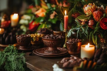 Obraz premium A luxurious scene of a cacao ceremony with a beautifully set table, featuring cacao cups, candles, and fresh flowers