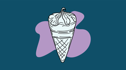  ice cream cone with a creamy swirl on top, set against a modern abstract background with unique shapes and a combination of blue and purple colors.