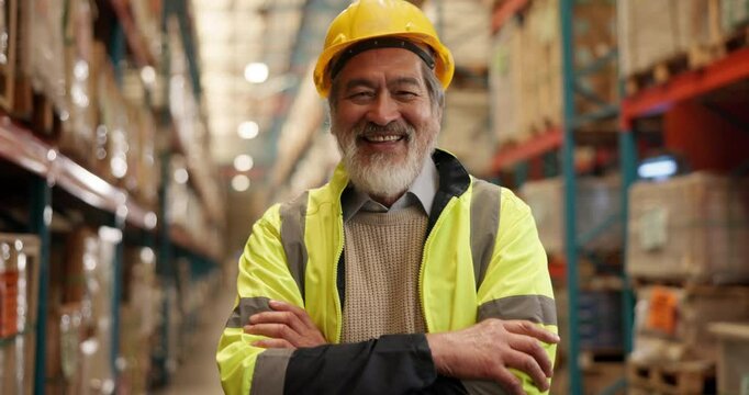 Smile, logistics and Asian man with crossed arms in warehouse with pride for career in cargo shipping. Happy, confident and portrait of mature industry worker in supply chain storage for delivery.