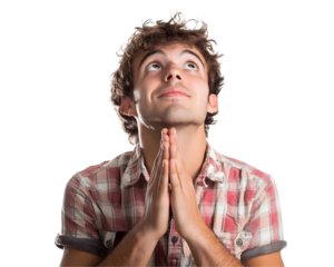 A young man expressing hope and gratitude with hands clasped, gazing upward against a clean white background.