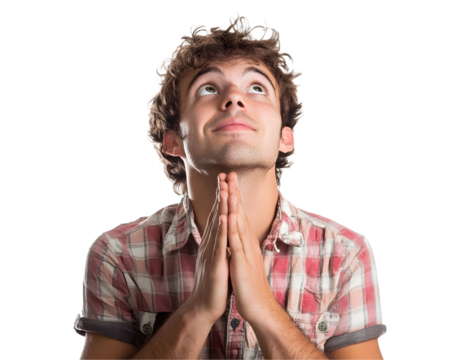 A young man expressing hope and gratitude with hands clasped, gazing upward against a clean white background.