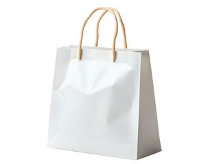 A simple and elegant white paper bag with sturdy handles, perfect for shopping, gifts, or branding purposes.