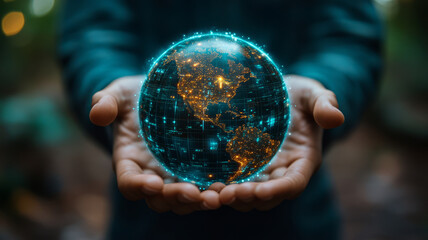 Fototapeta premium A businessman holds a digital hologram of the Earth, representing the global network and connectivity concept.