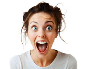 A joyful woman expresses excitement with a wide-open mouth and bright eyes, showcasing pure happiness and enthusiasm.