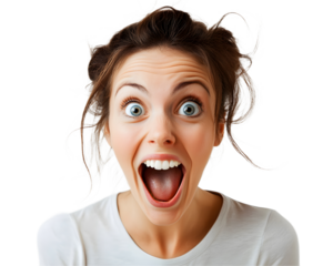 A joyful woman expresses excitement with a wide-open mouth and bright eyes, showcasing pure happiness and enthusiasm.