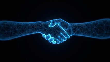 Polygonal blue hologram of digital hands shaking hands on dark background.