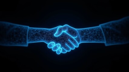 Polygonal blue hologram of digital hands shaking hands on dark background.