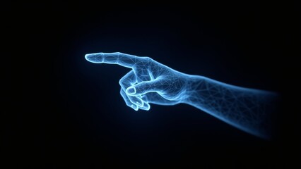 Obraz premium Polygonal blue hologram of digital hand pointing on dark background.