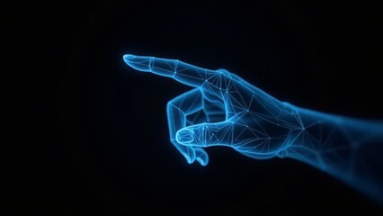 Polygonal blue hologram of digital hand pointing on dark background.