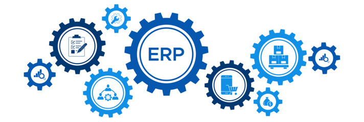 Enterprise Resource Planning (ERP) Banner with Icons for Inventory, Financials, HRM, Production, and MRP System Integration