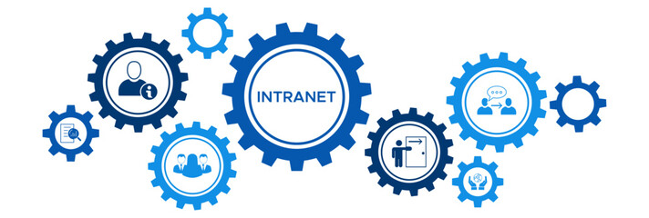 Intranet and Private Network System Banner with Icons for Access, Collaboration, Data Sharing, and Secure Communication