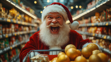 santa claus sitting in shopping cart,extreme excited,inside supermarket