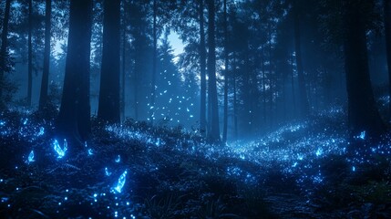 Fototapeta premium Enchanted Forest with Glowing Butterflies and Silhouetted Trees