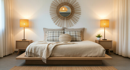 Fototapeta premium Modern bedroom with cozy decor and natural light creating a serene atmosphere